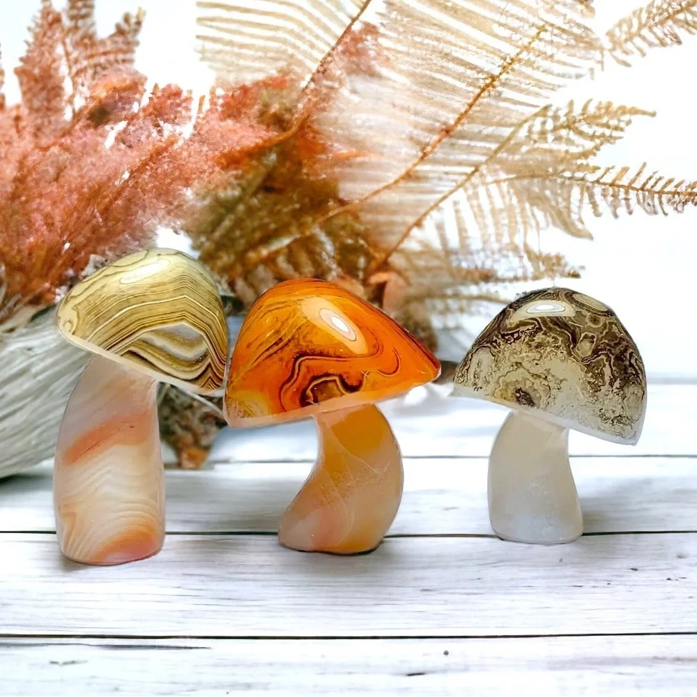 Agate SET Artisan Hand Carved Luminous Mushroom Crystal Trio UNIQUE